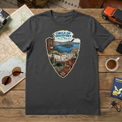 Circle of Discovery - Southern Cascades - Charcoal Tshirt featuring Crater Lake, Redwoods, Oregon Caves, Lava Tubes, and Lassen Volcanic National Parks.