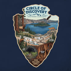 Detail view of Circle of Discovery - Southern Cascades - Navy Tshirt featuring Crater Lake, Redwoods, Oregon Caves, Lava Tubes, and Lassen Volcanic National Parks.