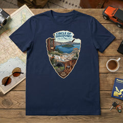 Circle of Discovery - Southern Cascades - Navy Tshirt featuring Crater Lake, Redwoods, Oregon Caves, Lava Tubes, and Lassen Volcanic National Parks.