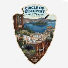 Detail view of Circle of Discovery - Southern Cascades - Whtie Tshirt featuring Crater Lake, Redwoods, Oregon Caves, Lava Tubes, and Lassen Volcanic National Parks.