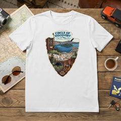 Circle of Discovery - Southern Cascades - White Tshirt featuring Crater Lake, Redwoods, Oregon Caves, Lava Tubes, and Lassen Volcanic National Parks.