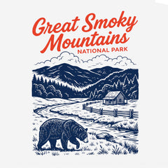 Detail View of vintage Great Smoky Mountains National Park Illustrated design featuring Cade's Cove and Black Bear on White Tshirt