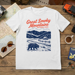 Vintage Great Smoky Mountains National Park Illustrated design featuring Cade's Cove and Black Bear on White Tshirt