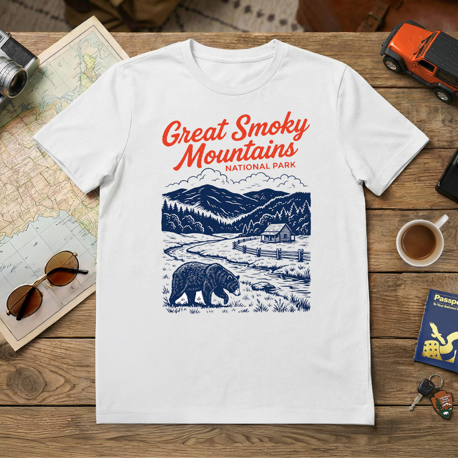 Vintage Great Smoky Mountains National Park Illustrated design featuring Cade's Cove and Black Bear on White Tshirt