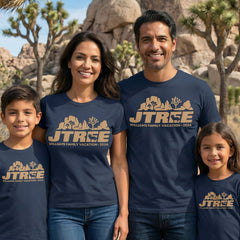 Family wearing matching Personalized Joshua Tree Road Trip - Modern Style - Road Trip custom navy shirts in adult and youth sizes featuring scenery and wildlife from Joshua Tree National Park.