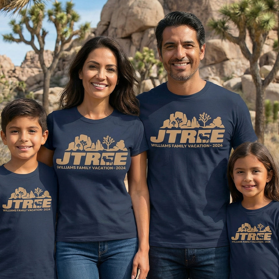 Family wearing matching Personalized Joshua Tree Road Trip - Modern Style - Road Trip custom navy shirts in adult and youth sizes featuring scenery and wildlife from Joshua Tree National Park.