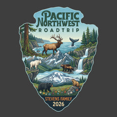 Detail of Personalized Pacific Northwest Road Trip Vacation matching themed custom charcoal t-shirt in adult and youth sizes featuring scenery from Mt. Rainier, North Cascades and Olympic National Parks.