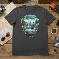 Personalized Pacific Northwest Road Trip Vacation matching themed custom charcoal t-shirt in adult and youth sizes featuring scenery from Mt. Rainier, North Cascades and Olympic National Parks.