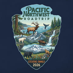 Detail of Personalized Pacific Northwest Road Trip Vacation matching themed custom navy t-shirt in adult and youth sizes featuring scenery from Mt. Rainier, North Cascades and Olympic National Parks.