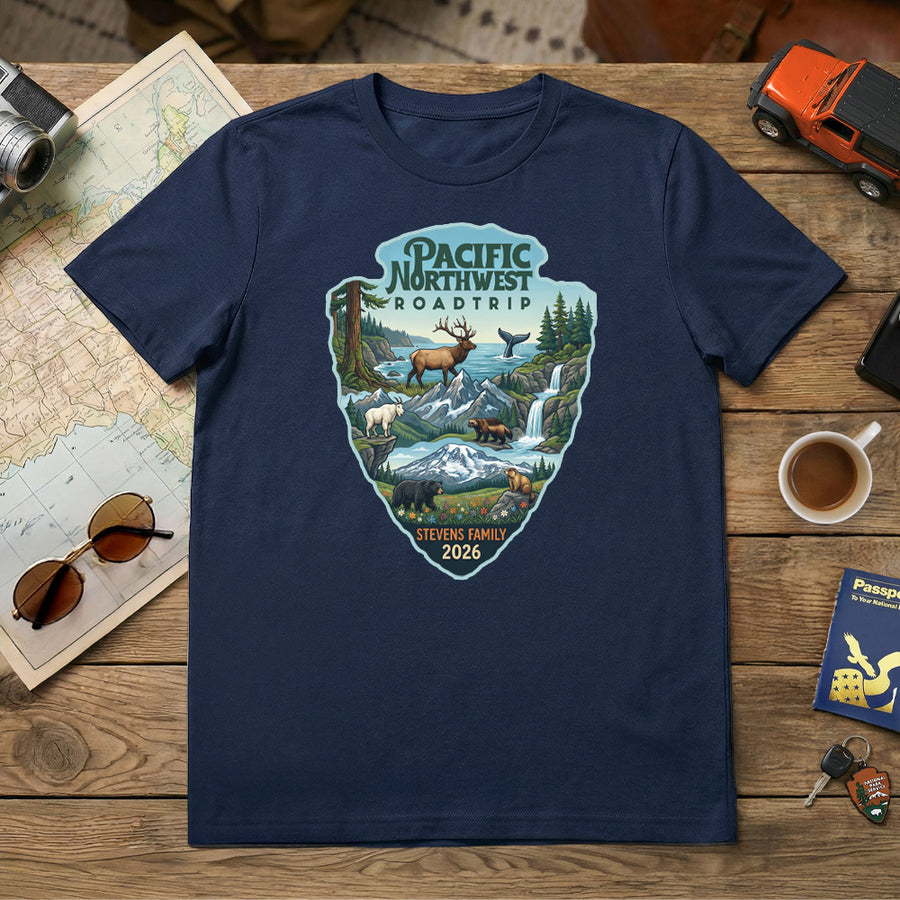 Personalized Pacific Northwest Road Trip Vacation matching themed custom navy t-shirt in adult and youth sizes featuring scenery from Mt. Rainier, North Cascades and Olympic National Parks.