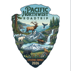 Detail of Personalized Pacific Northwest Road Trip Vacation matching themed custom white t-shirt in adult and youth sizes featuring scenery from Mt. Rainier, North Cascades and Olympic National Parks.