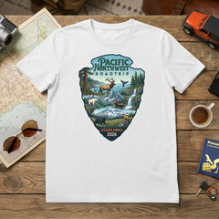 Personalized Pacific Northwest Road Trip Vacation matching themed custom white t-shirt in adult and youth sizes featuring scenery from Mt. Rainier, North Cascades and Olympic National Parks.