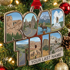 Decorative Personalized Custom Road Trip ornament with scenic images and '2026'.