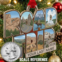 Decorative Personalized Custom Road Trip ornament with scenic images and '2026'.