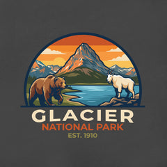 Detail view of Glacier Guardians Design for Glacier National Park featuring Grizzly Bear and Mountain Goat at Swiftcurrent Lake on Charcoal T-Shirt