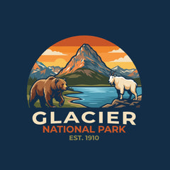 Detail view of Glacier Guardians Design for Glacier National Park featuring Grizzly Bear and Mountain Goat at Swiftcurrent Lake on Navy T-Shirt