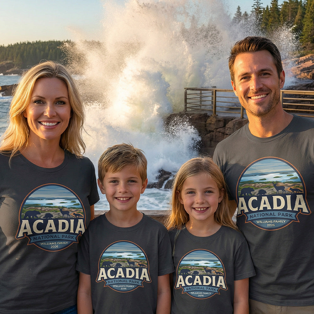 Family wearing matching Personalized Acadia National Park -Badge Style - Road Trip custom white t-shirts in adult and youth sizes featuring scenery and wildlife from Acadia National Park.