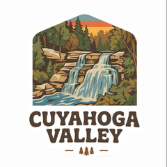 Cuyahoga Valley National Park themed Custom T-shirt Badge Design with Brandwine Falls at Sunset for matching vacation apparel.