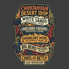 Detail of Personalized Chihuahuan Desrt Road Trip Vacation matching themed custom charcoal t-shirt in adult and youth sizes featuring scenery from Guadalupe Mountains, Carlsbad Caverns, Big Bend and White Sands National Parks.