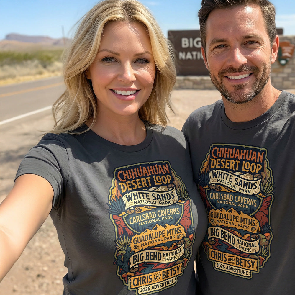 Models wearing personalized Chihuahuan Desrt Road Trip Vacation matching themed custom charcoal t-shirts in adult and youth sizes featuring scenery from Guadalupe Mountains, Carlsbad Caverns, Big Bend and White Sands National Parks.