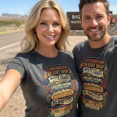 Models wearing personalized Chihuahuan Desrt Road Trip Vacation matching themed custom charcoal t-shirts in adult and youth sizes featuring scenery from Guadalupe Mountains, Carlsbad Caverns, Big Bend and White Sands National Parks.