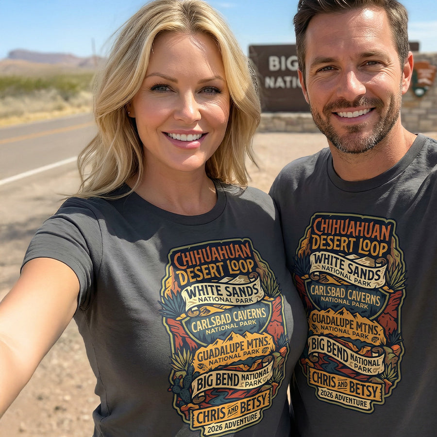Models wearing personalized Chihuahuan Desrt Road Trip Vacation matching themed custom charcoal t-shirts in adult and youth sizes featuring scenery from Guadalupe Mountains, Carlsbad Caverns, Big Bend and White Sands National Parks.
