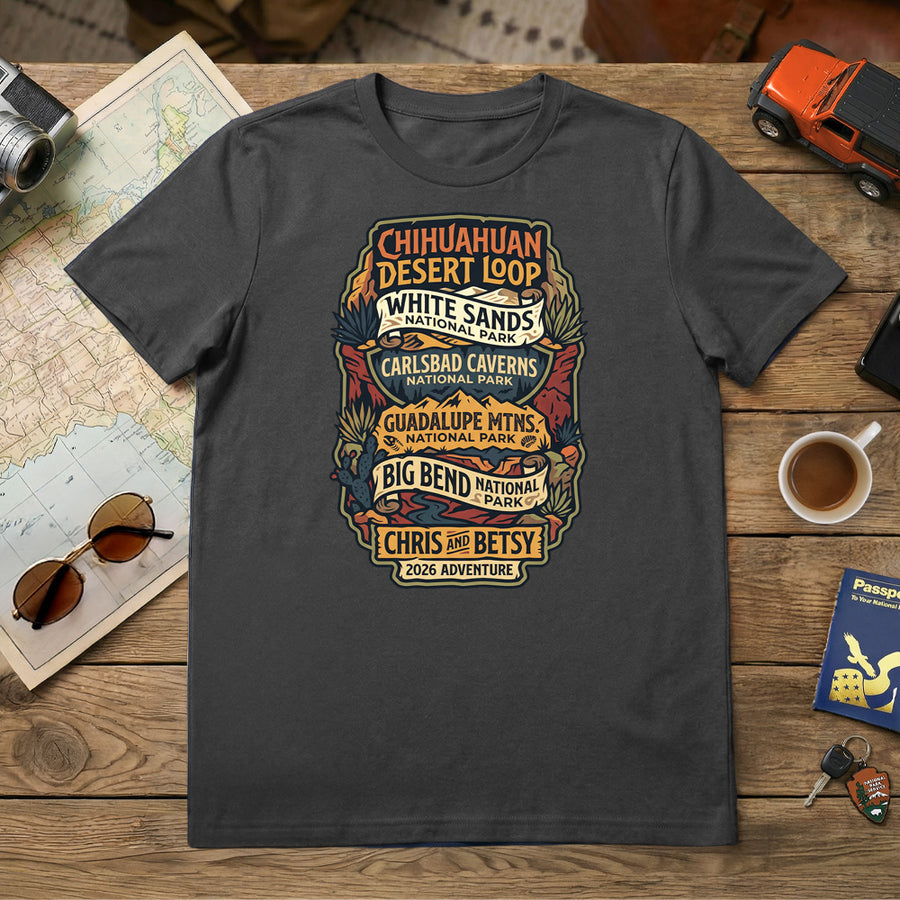 Personalized Chihuahuan Desrt Road Trip Vacation matching themed custom charcoal t-shirt in adult and youth sizes featuring scenery from Guadalupe Mountains, Carlsbad Caverns, Big Bend and White Sands National Parks.