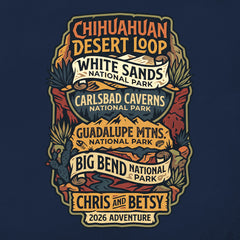 Detail of Personalized Chihuahuan Desrt Road Trip Vacation matching themed custom navy t-shirt in adult and youth sizes featuring scenery from Guadalupe Mountains, Carlsbad Caverns, Big Bend and White Sands National Parks.