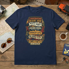 Personalized Chihuahuan Desrt Road Trip Vacation matching themed custom navy t-shirt in adult and youth sizes featuring scenery from Guadalupe Mountains, Carlsbad Caverns, Big Bend and White Sands National Parks.