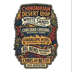 Detail of Personalized Chihuahuan Desrt Road Trip Vacation matching themed custom white t-shirt in adult and youth sizes featuring scenery from Guadalupe Mountains, Carlsbad Caverns, Big Bend and White Sands National Parks.