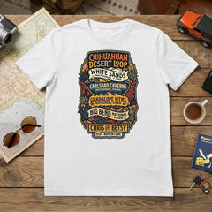 Personalized Chihuahuan Desrt Road Trip Vacation matching themed custom white t-shirt in adult and youth sizes featuring scenery from Guadalupe Mountains, Carlsbad Caverns, Big Bend and White Sands National Parks.