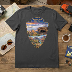 Personalized Chihuahuan Desert road trip themed custom charcoal t-shirt  featuring White Sands, Guadalupe Mountains, Carlsbad Caverns and Big Bend National Parks for matching vacation apparel.