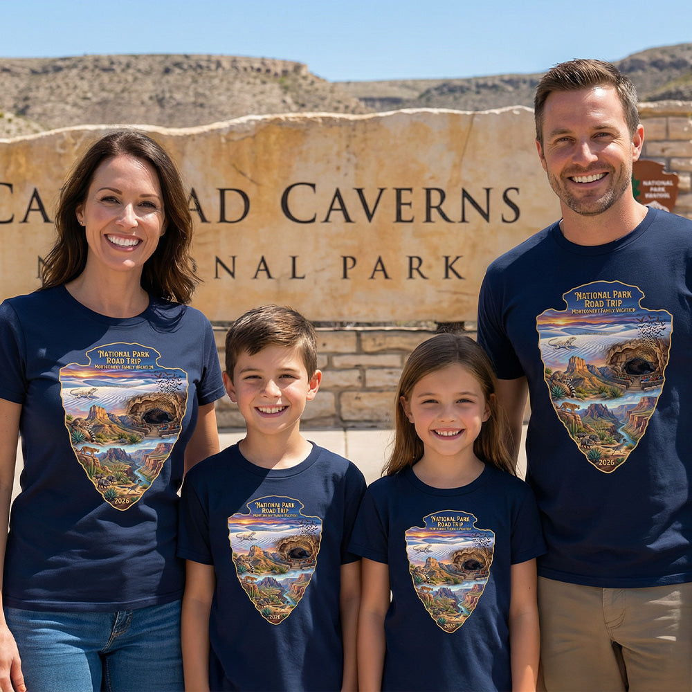 Family wearing matching Personalized Chihuahuan Desert Road Trip - Arrowhead Style - Road Trip custom navy t-shirts in adult and youth sizes featuring scenery from White Sands, Guadalupe Mountain, Carlsbad Caverns and Big Bend National Parks