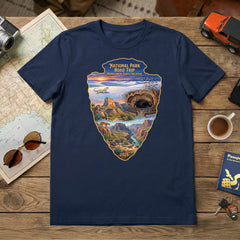 Personalized Chihuahuan Desert road trip themed custom navy t-shirt  featuring White Sands, Guadalupe Mountains, Carlsbad Caverns and Big Bend National Parks for matching vacation apparel.
