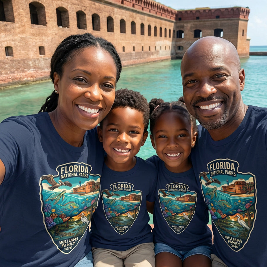 Family of three wearing Florida National Parks Arrowhead Navy T-shirts at Dry Tortugas.