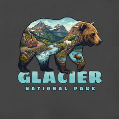 Illustration of a grizzly bear with Glacier National Park scenery inside—mountains, river, red car, goat, and moose. Text below reads "Glacier National Park." Perfect for fans of the Glacier – Grizzly Mashup T-Shirt.