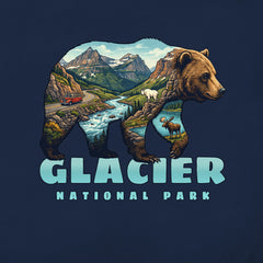 Illustration of a grizzly bear silhouette filled with Glacier National Park—mountains, river, red car, goat, and moose. "GLACIER NATIONAL PARK" in bold blue below. The perfect Glacier – Grizzly Mashup T-Shirt for your collection!.