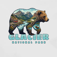 Bear silhouette featuring Glacier National Park scenery—mountains, river, red vehicle, goat, and moose. Ideal for a Glacier – Grizzly Mashup T-Shirt. "Glacier National Park" text displayed below the artwork.