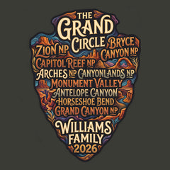 Detail of personalized Grand Circle Family Vacation themed custom charcoal t-shirts in adult and youth sizes featuring names of National Parks in an arrowhead badge design.