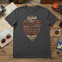 Personalized Grand Circle Family Vacation themed custom charcoal t-shirt in adult and youth sizes featuring names of National Parks in an arrowhead badge design.