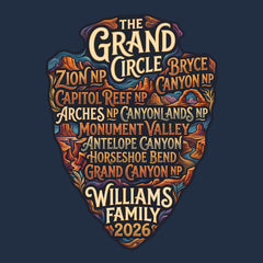Detail of Personalized Grand Circle Family Vacation themed custom navy t-shirts in adult and youth sizes featuring names of National Parks in an arrowhead badge design.