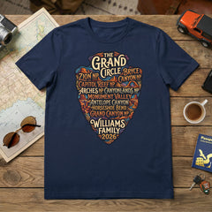 Personalized Grand Circle Family Vacation themed custom navy t-shirts in adult and youth sizes featuring names of National Parks in an arrowhead badge design.