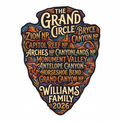Detail of Personalized Grand Circle Family Vacation themed custom white t-shirts in adult and youth sizes featuring names of National Parks in an arrowhead badge design.