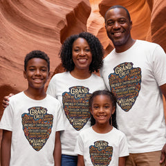 Family wearing matching Personalized Grand Circle Family Vacation themed custom white t-shirts in adult and youth sizes featuring names of National Parks in an arrowhead badge design.