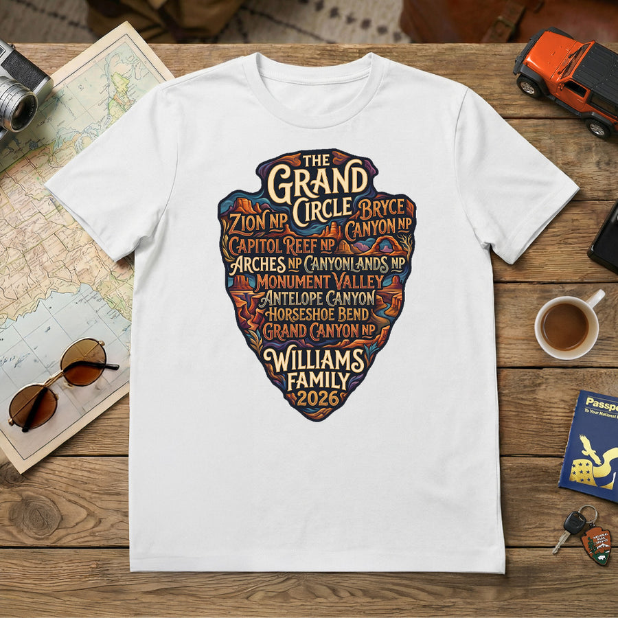 Personalized Grand Circle Family Vacation themed custom white t-shirts in adult and youth sizes featuring names of National Parks in an arrowhead badge design.