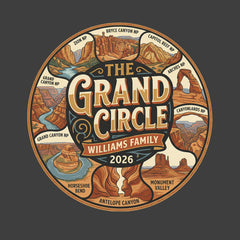Detail of personalized Grand Circle Family Vacation themed custom charcoal t-shirt in adult and youth sizes featuring names of National Parks in a circle badge design.