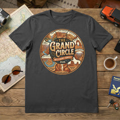 Personalized Grand Circle Family Vacation themed custom charcoal t-shirt in adult and youth sizes featuring names of National Parks in a circle badge design.
