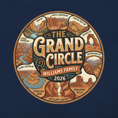 Detail of personalized Grand Circle Family Vacation themed custom navy t-shirt in adult and youth sizes featuring names of National Parks in a circle badge design.