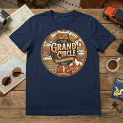 Personalized Grand Circle Family Vacation themed custom navy t-shirt in adult and youth sizes featuring names of National Parks in a circle badge design.