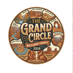 Detail of personalized Grand Circle Family Vacation themed custom white t-shirt in adult and youth sizes featuring names of National Parks in a circle badge design.